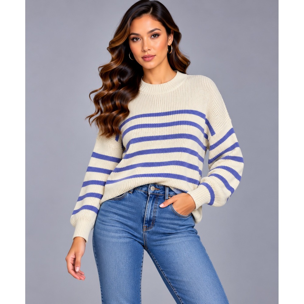 Stile Collection Striped Sweater Womens Small Cream Purple Excellent Oversized